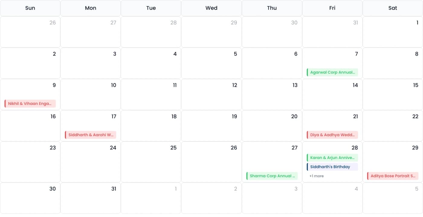 A month view of a studio calendar with nine bookings, colour-coded by status.